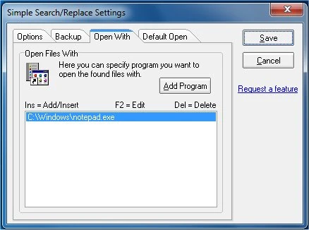 Simple Search-Replace Open With program configuration dialog