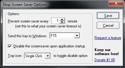 Stop Screen Saver options dialog showing keypress type and interval settings