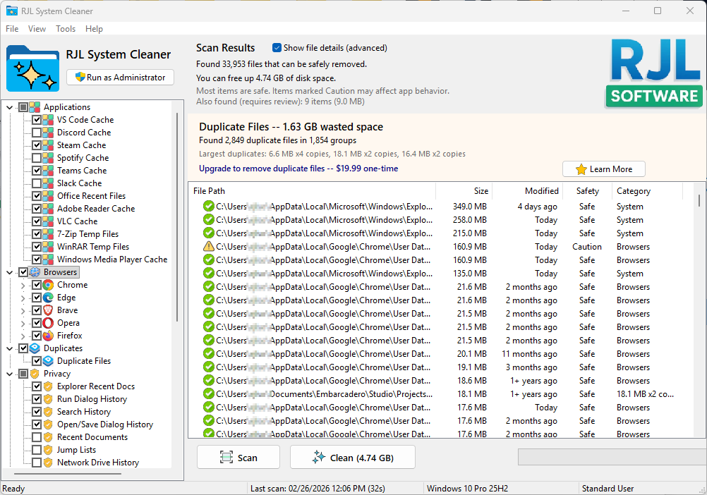 RJL System Cleaner advanced mode with Show file details enabled, displaying a scrollable list of individual file paths, sizes in MB, modified dates, safety ratings, and category columns