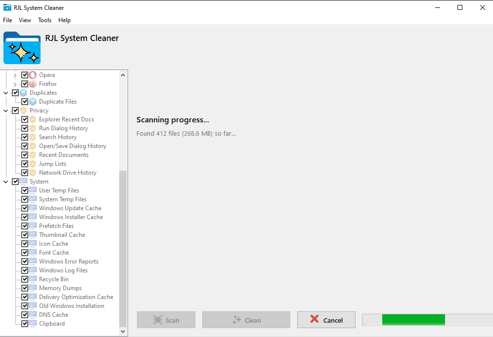 RJL System Cleaner scan in progress showing a live counter reporting 412 files found totaling 268.6 MB so far, with the System category tree visible in the sidebar and a green progress bar at the bottom