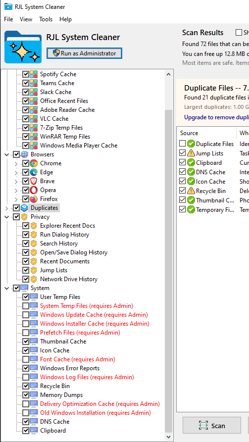RJL System Cleaner sidebar with System Temp Files, Windows Update Cache, Windows Installer Cache, Prefetch Files, Font Cache, Windows Log Files, Delivery Optimization Cache, and Old Windows Installation all shown in red text labeled as requiring Admin access