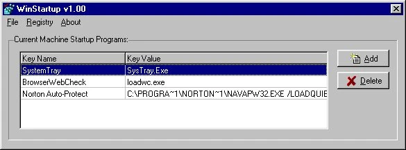WinStartup main screen showing startup registry entries